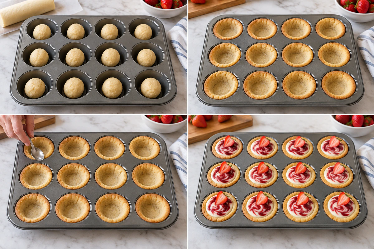 Four chronological preparation stages for Strawberry Swirl Cheesecake Cookie Cups