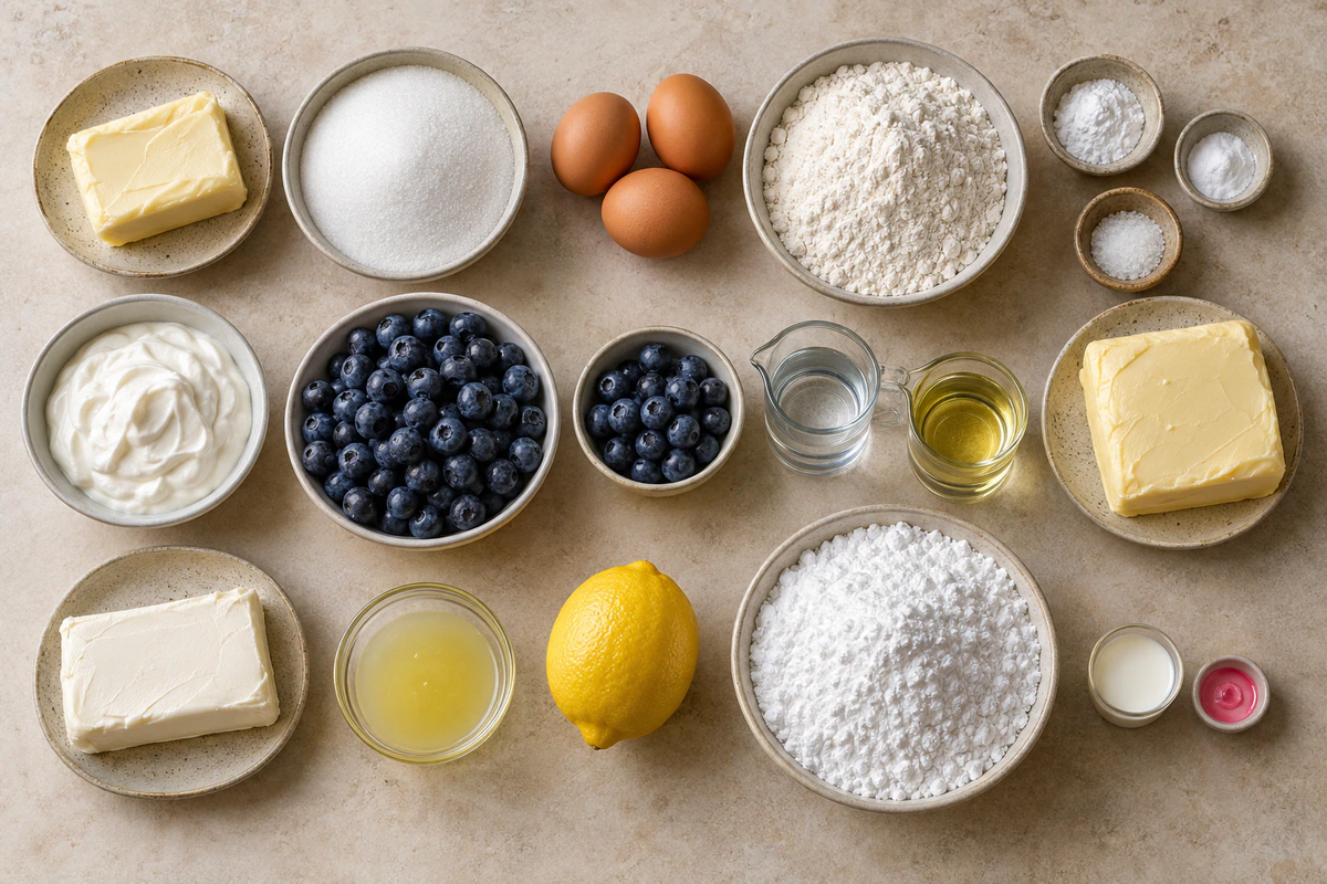 Exact measured ingredients for Blueberry Cake with Lemon Cream Cheese Frosting