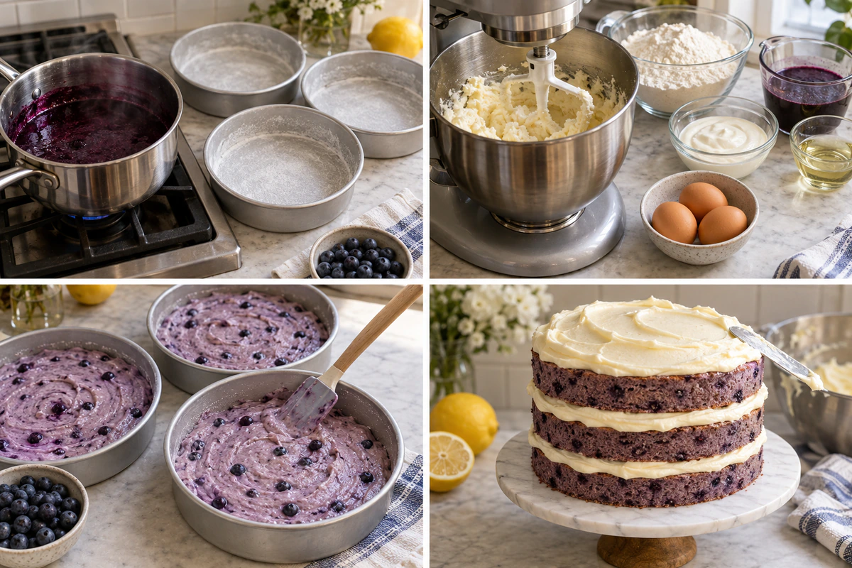 Four chronological preparation stages for Blueberry Cake with Lemon Cream Cheese Frosting