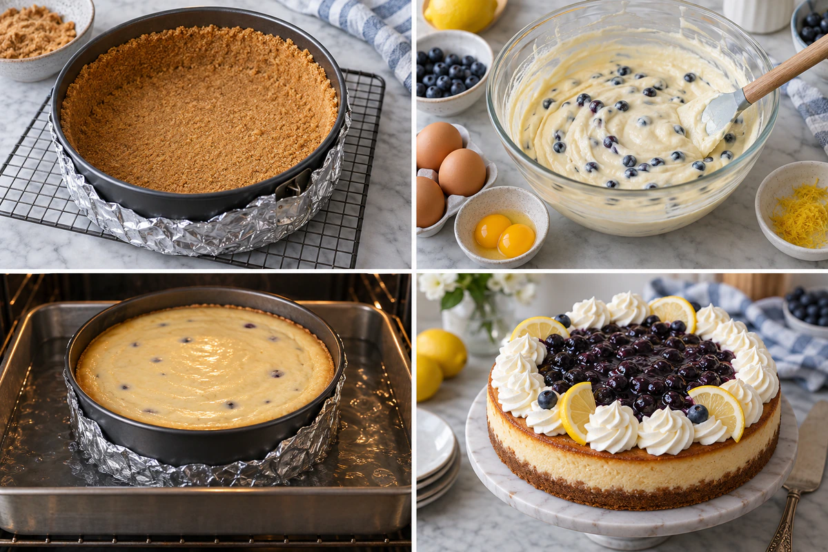 Four chronological preparation stages for Lemon Blueberry Cheesecake
