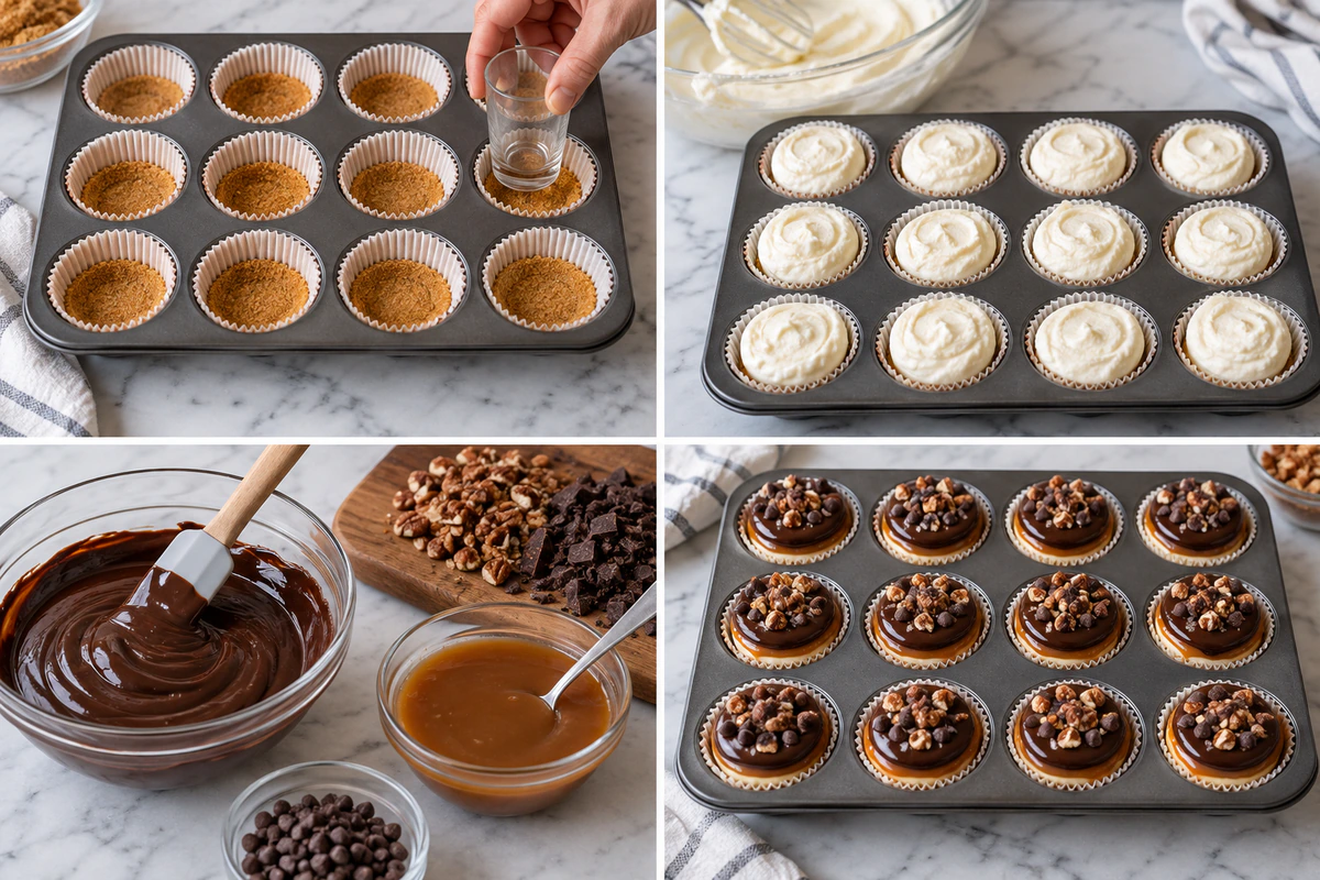 Four chronological preparation stages for No Bake Turtle Cheesecakes