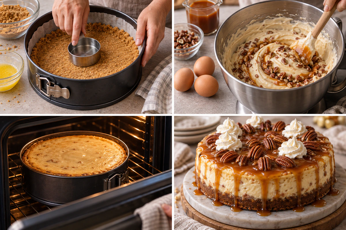Four chronological preparation stages for Pecan Caramel Cheesecake