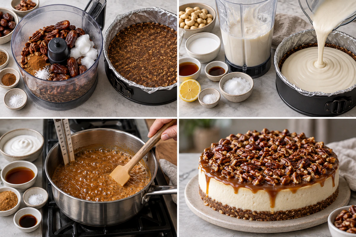 Four chronological preparation stages for Vegan Caramel Pecan Cheesecake