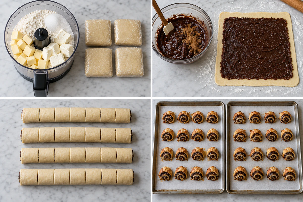 Four chronological preparation stages for Chocolate Rugelach