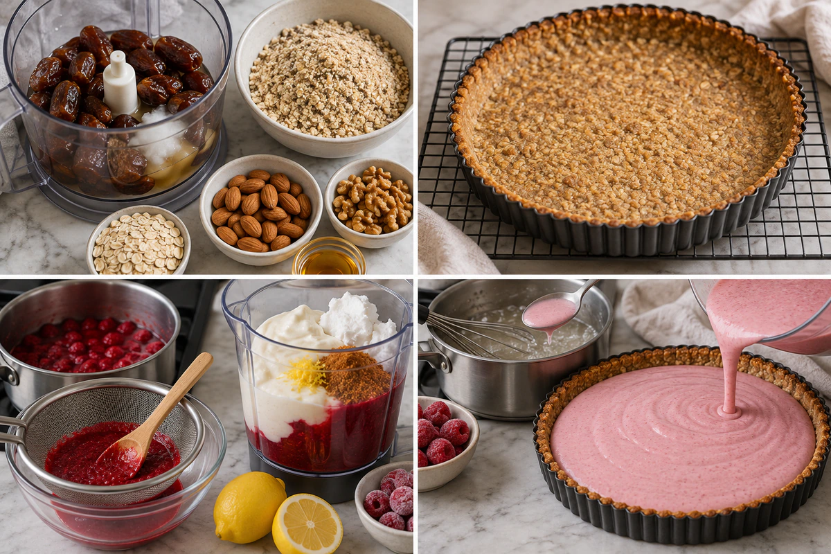 Four chronological preparation stages for Gesunde Himbeercreme Tarte vegan