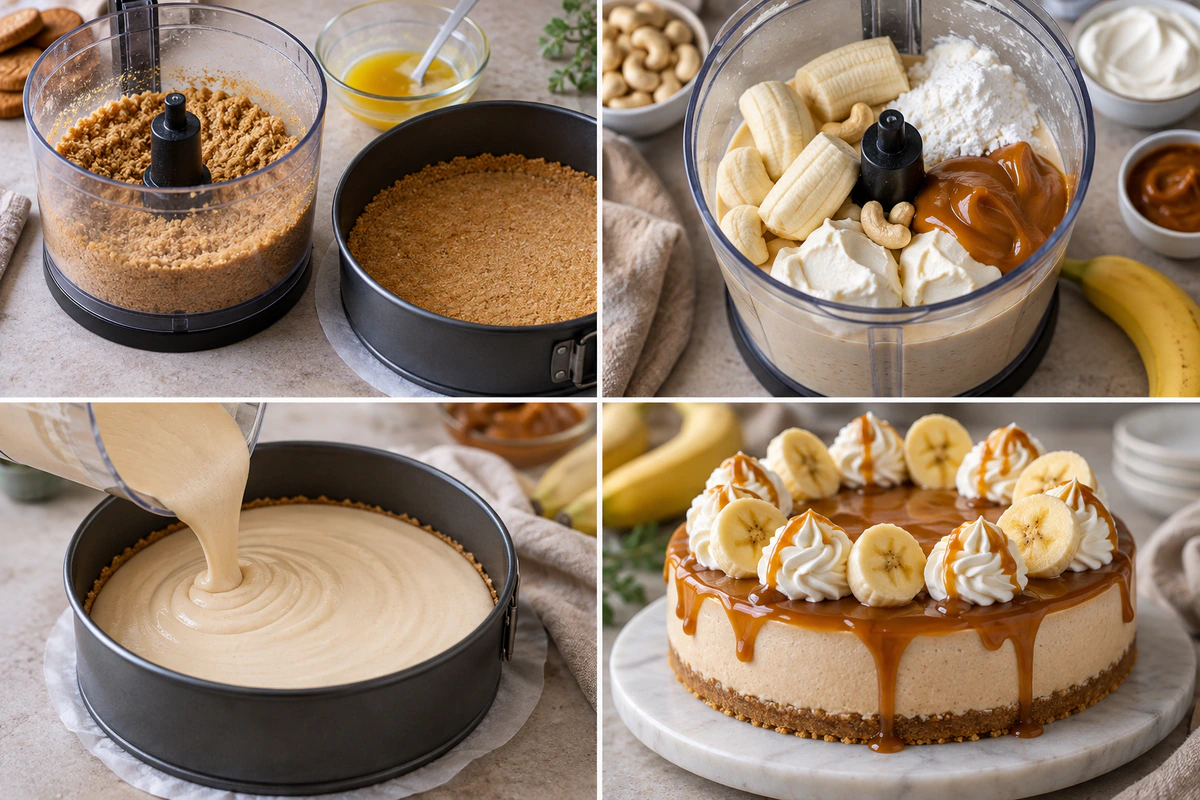 Four chronological preparation stages for No-Bake Banoffee Cheesecake