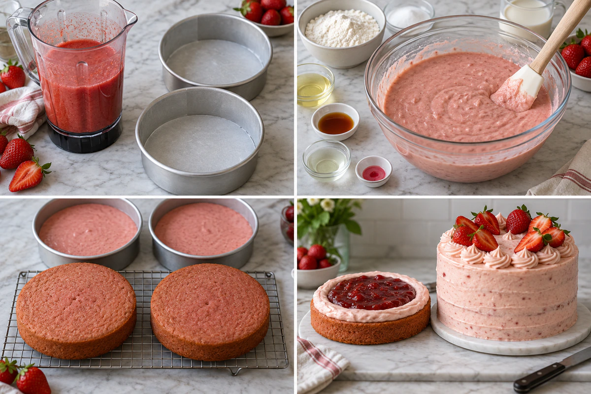 Four chronological preparation stages for Small-batch Vegan Strawberry Cake