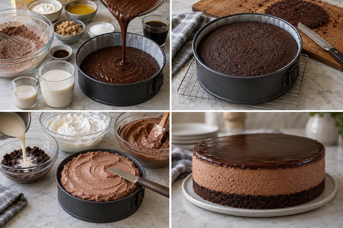 Four chronological preparation stages for Vegan Chocolate Mousse Cake