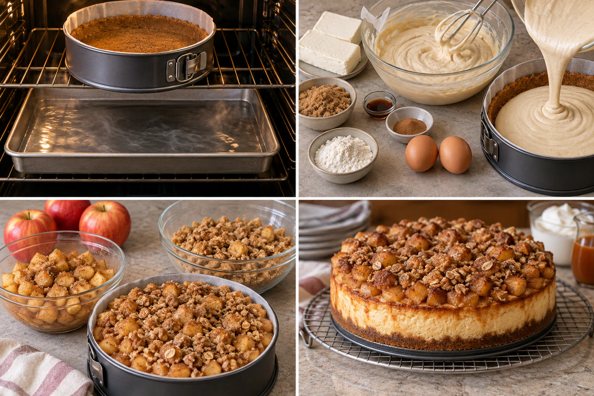Four chronological preparation stages for Creamy Apple Crisp Cheesecake