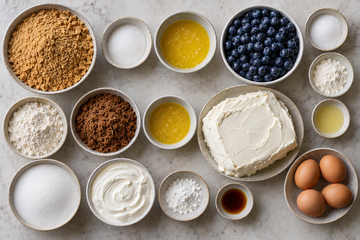 Exact measured ingredients for Blueberry Crumble Cheesecake