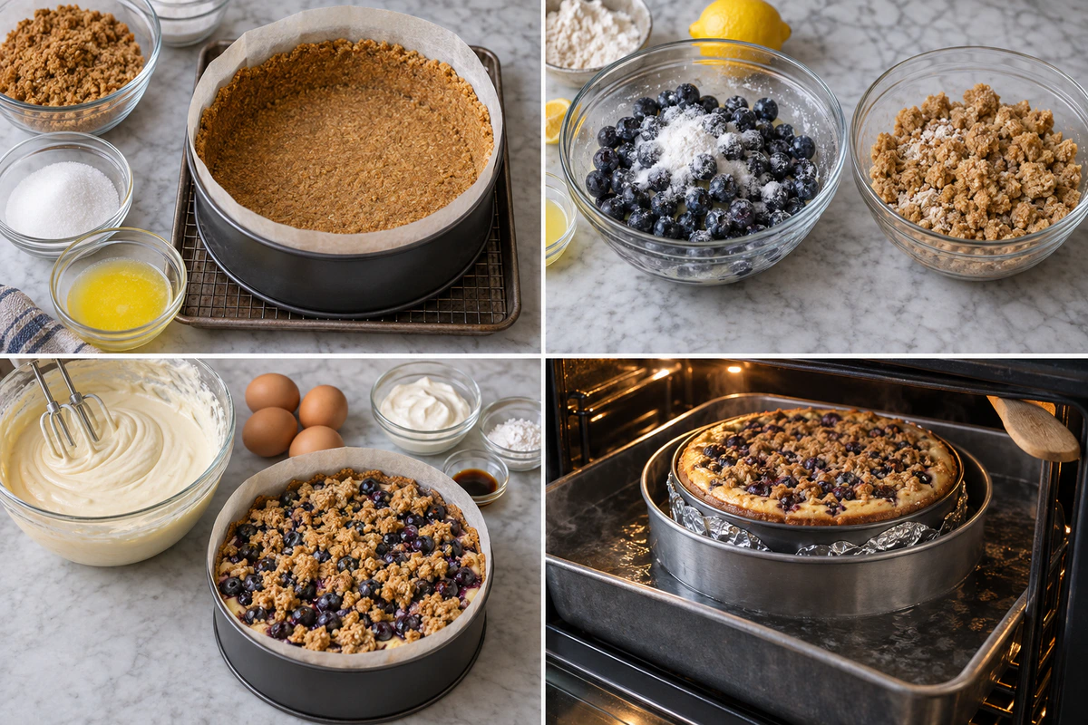Four chronological preparation stages for Blueberry Crumble Cheesecake