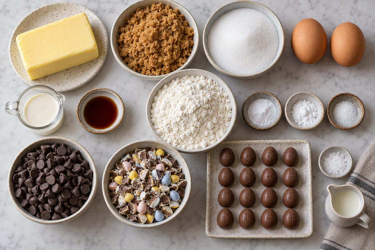 Exact measured ingredients for Brown Butter Cadbury Creme Egg Chocolate Chip Cookies