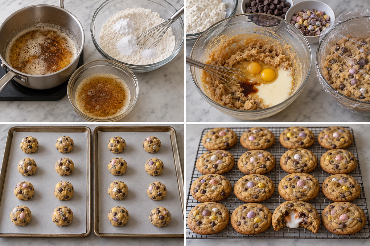 Four chronological preparation stages for Brown Butter Cadbury Creme Egg Chocolate Chip Cookies