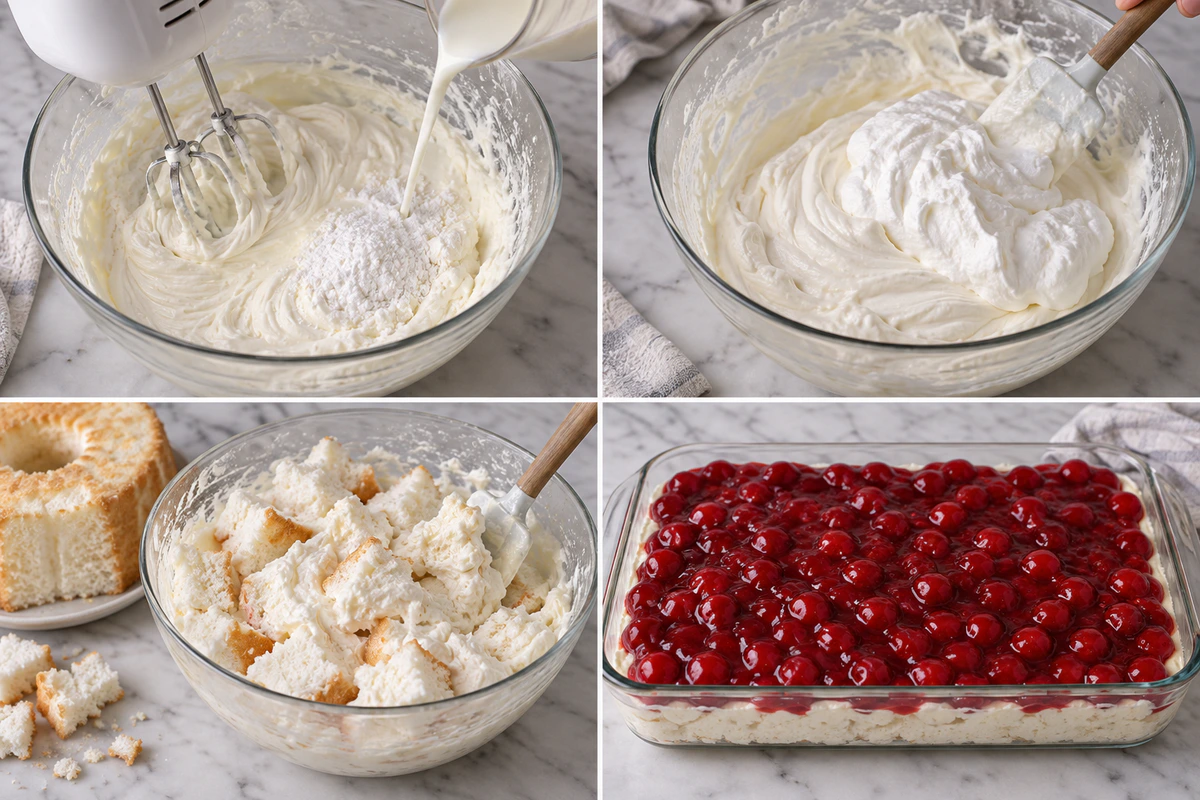 Four chronological preparation stages for Cherries in the Snow