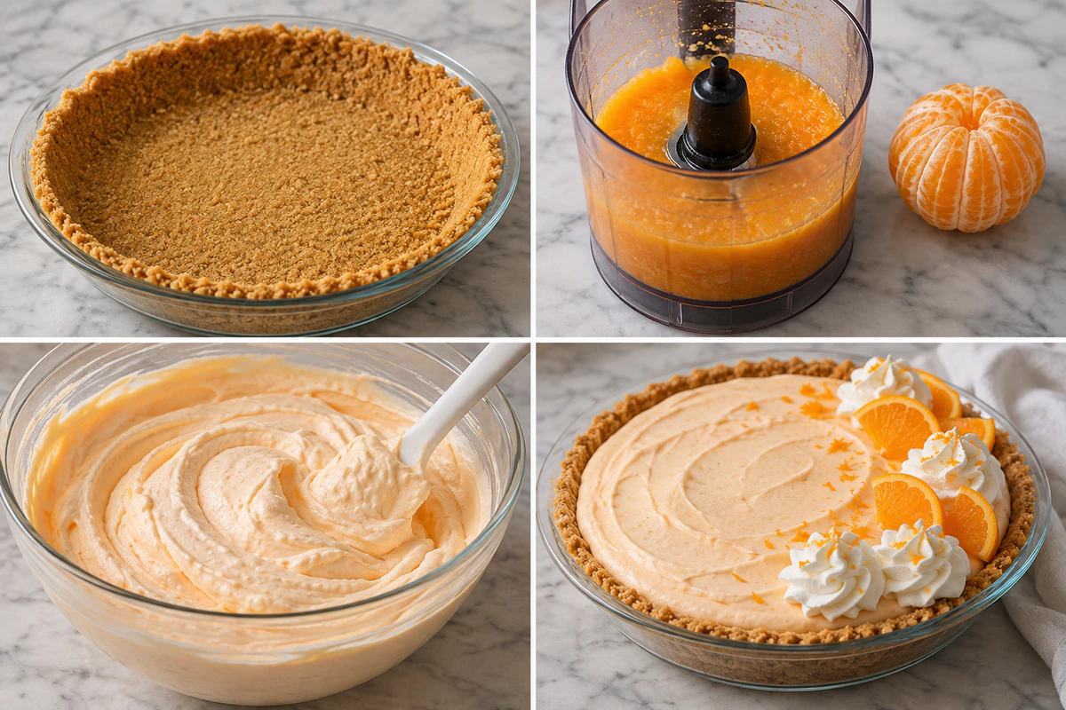 Four chronological preparation stages for Orange Creamsicle Pie