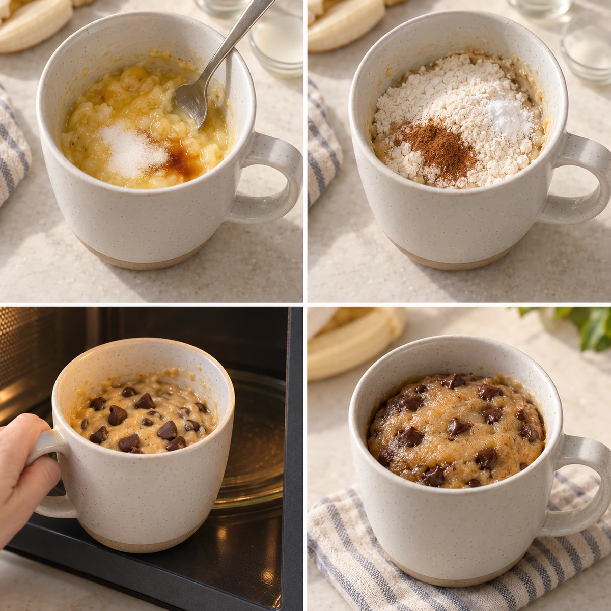 Four chronological preparation stages for Banana Mug Cake