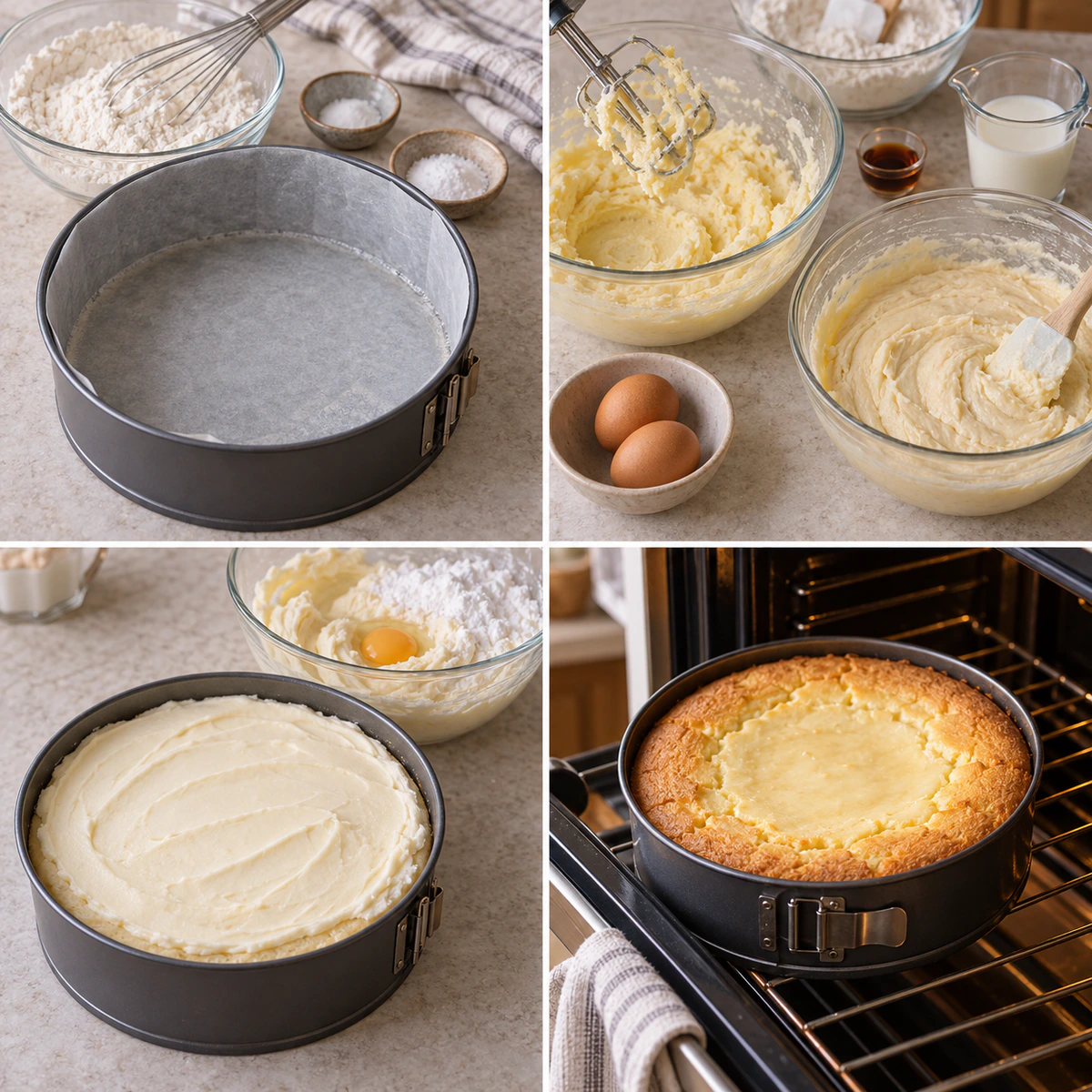 Four chronological preparation stages for Best Gooey Butter Cake Without Cake Mix