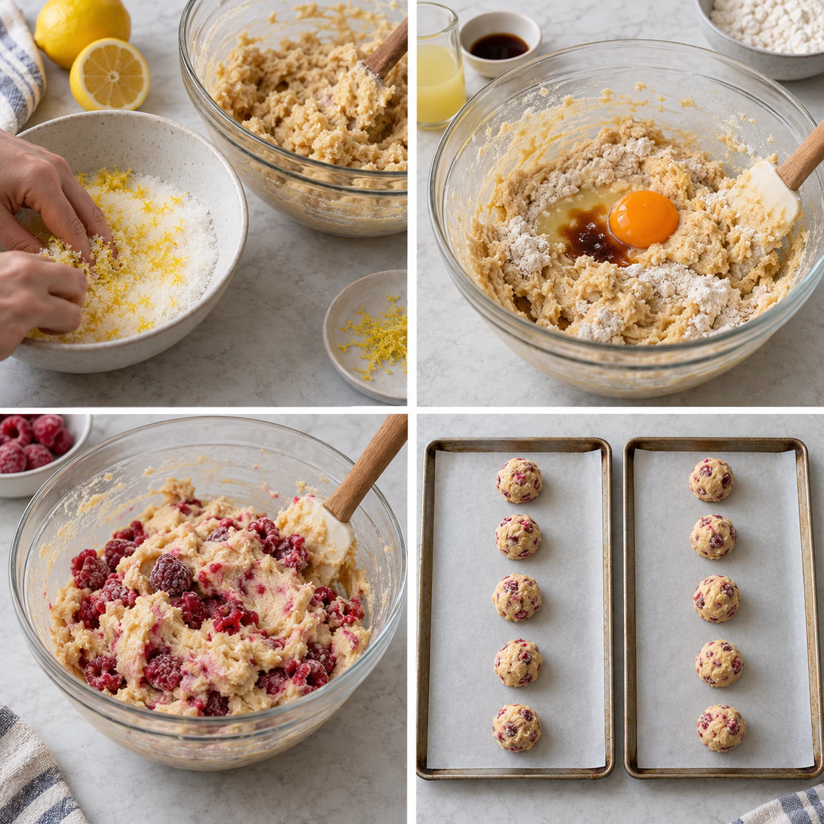 Four chronological preparation stages for Lemon Raspberry Cookie