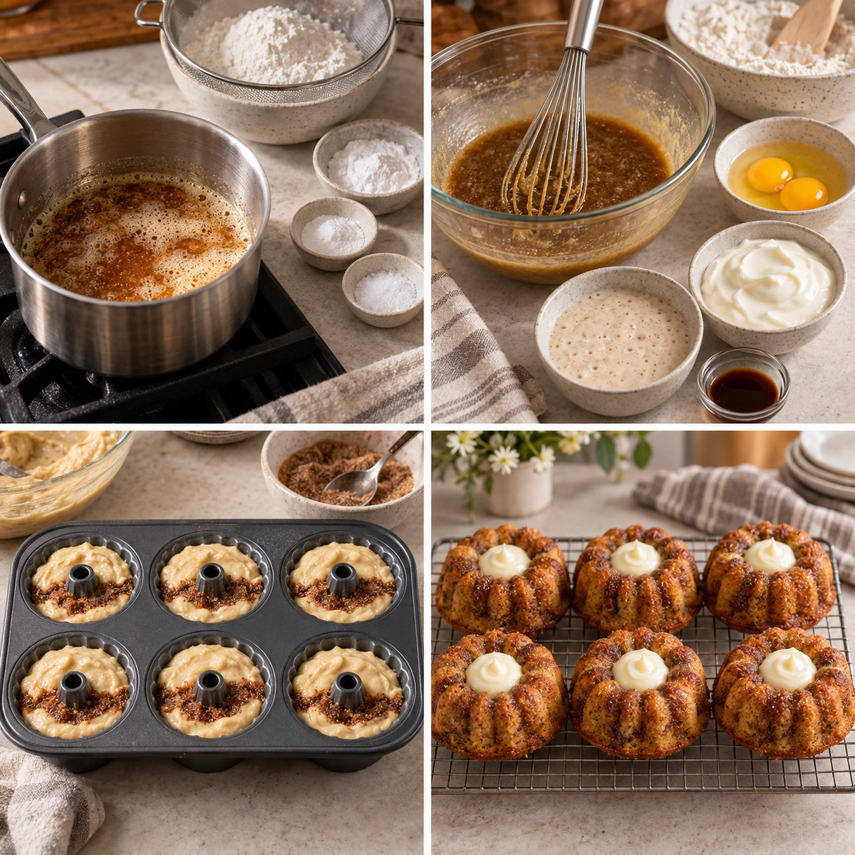 Four chronological preparation stages for Mini Brown Butter Sourdough Cinnabundts
