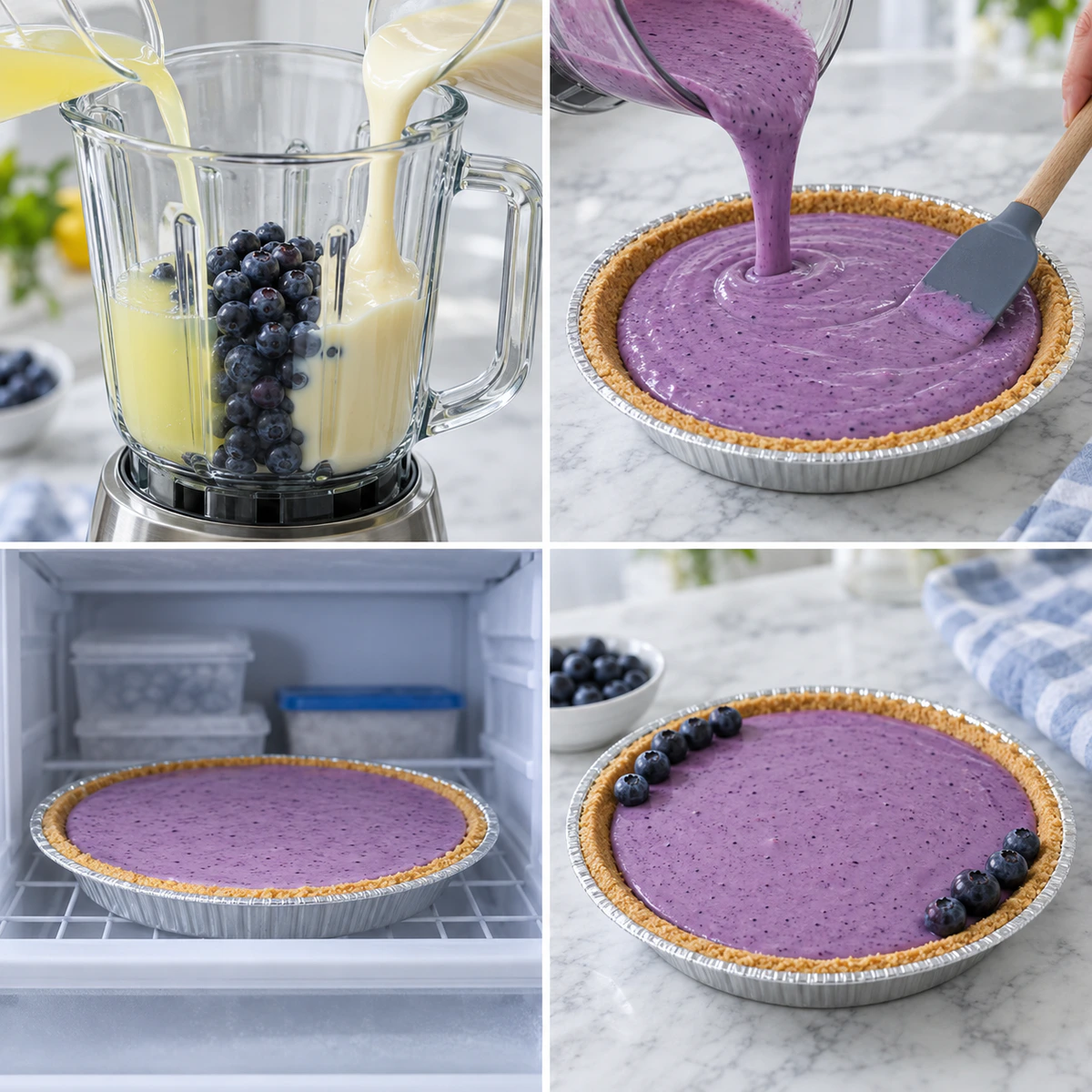 Four chronological preparation stages for No Bake Lemon Blueberry Pie