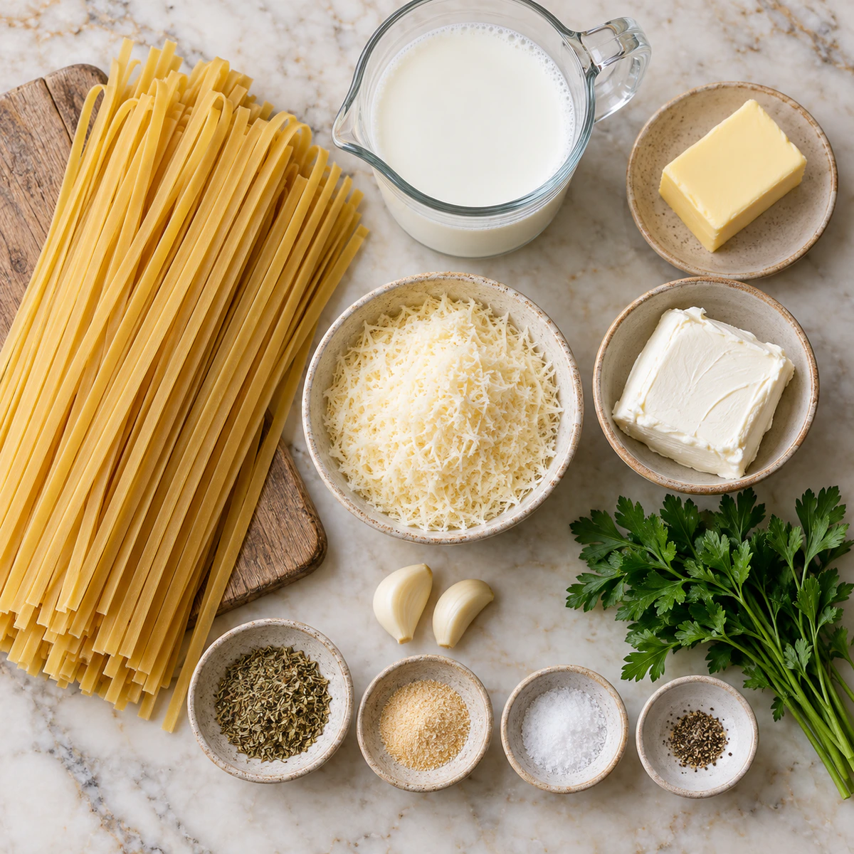 Exact measured ingredients for Fettuccine Alfredo