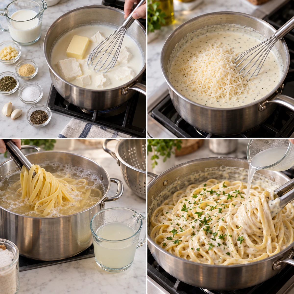Four chronological preparation stages for Fettuccine Alfredo