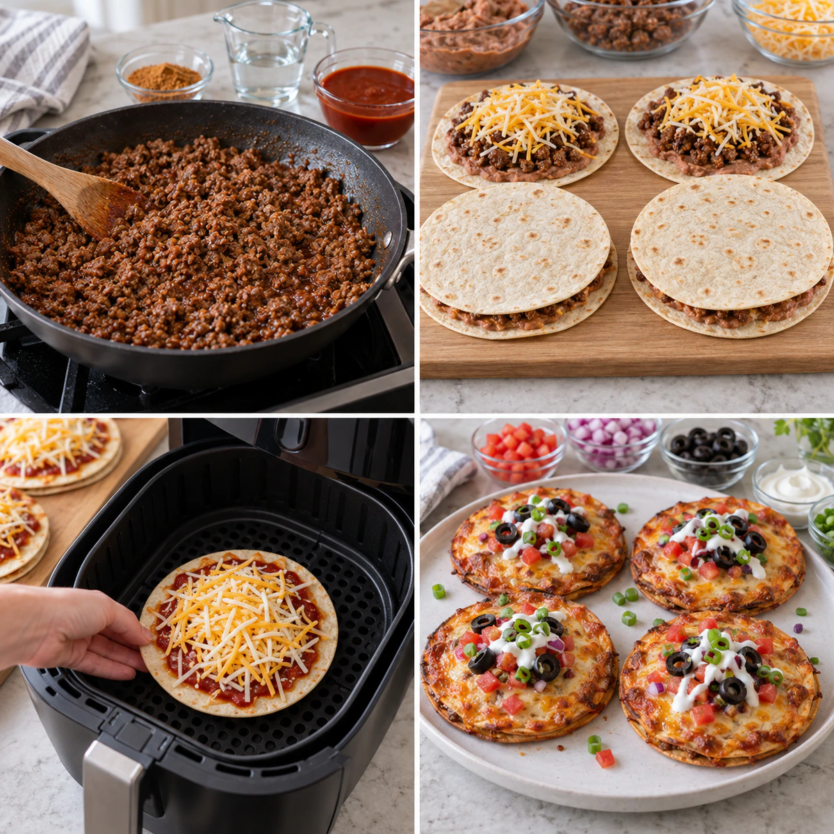Four chronological preparation stages for Mexican Pizza Taco Bell Copycat