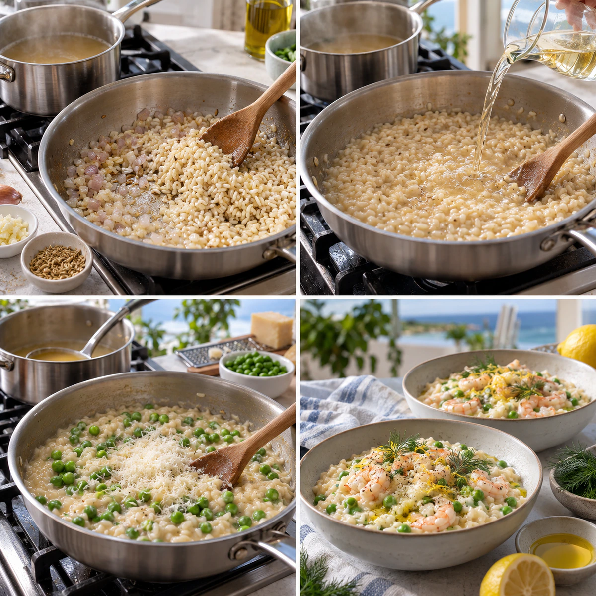 Four chronological preparation stages for Shrimp Risotto with Peas