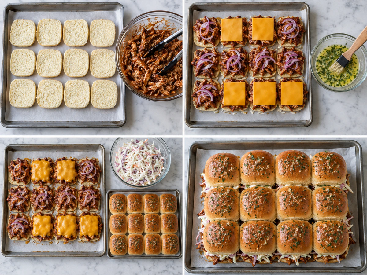 Four chronological preparation stages for BBQ Chicken Sliders