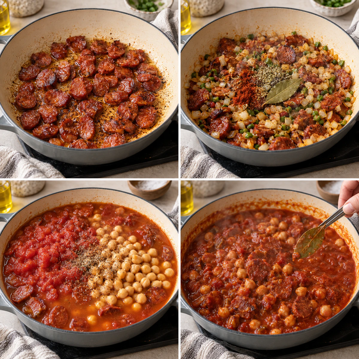 Four chronological preparation stages for Chorizo Chickpea Stew