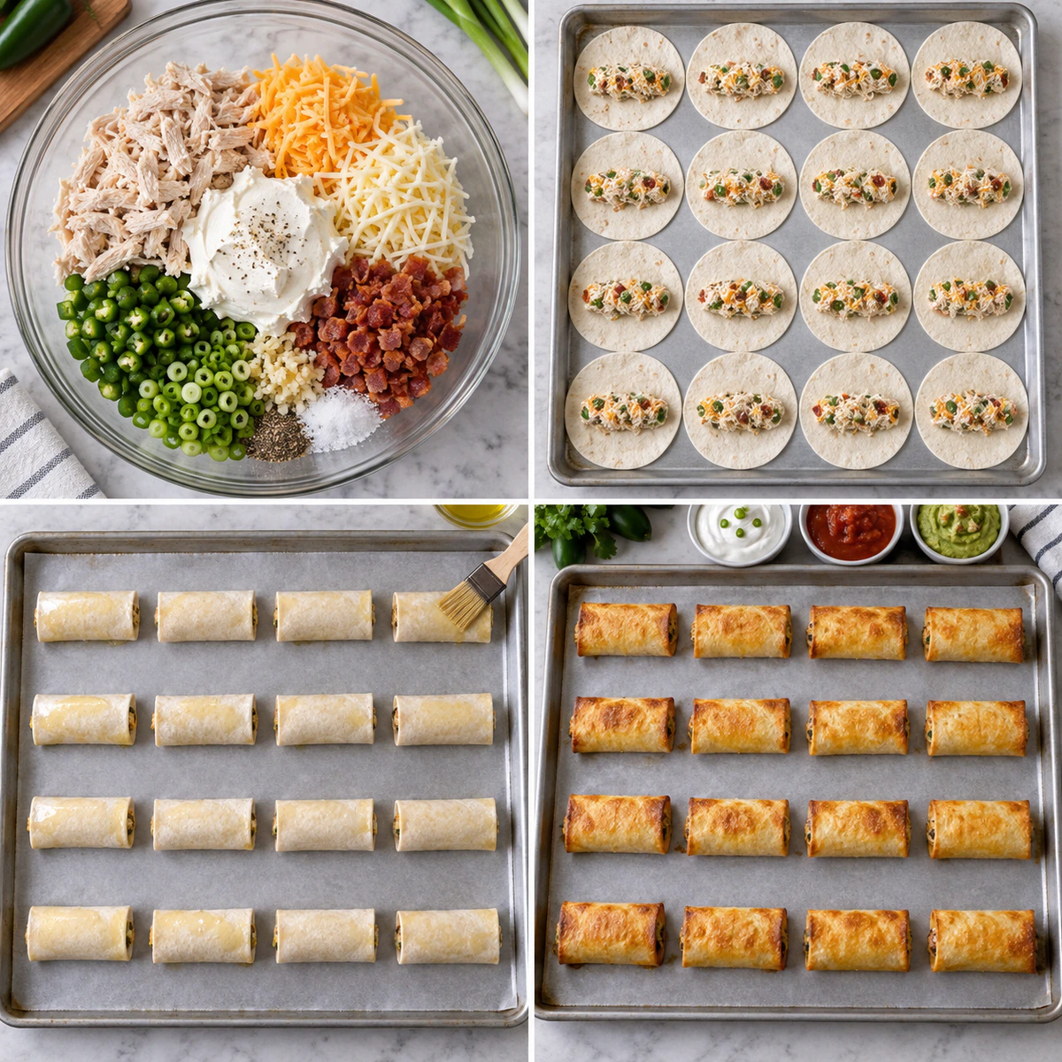 Four chronological preparation stages for Jalapeno Popper Chicken Taquitos
