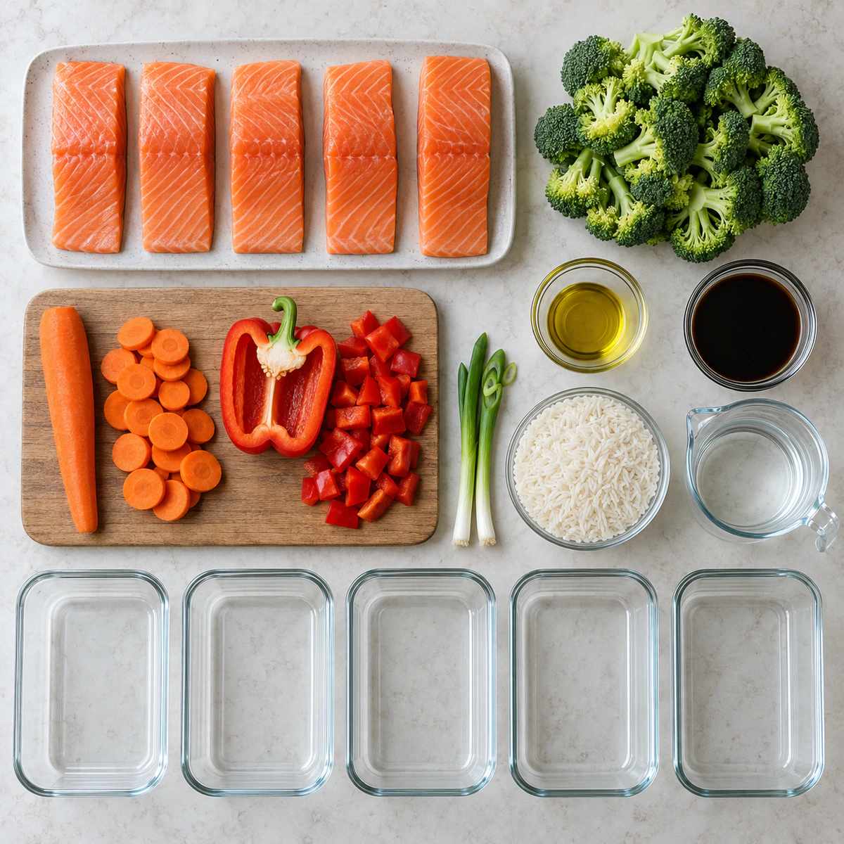 Exact measured ingredients for Meal Prep Teriyaki Salmon Rice Bowls