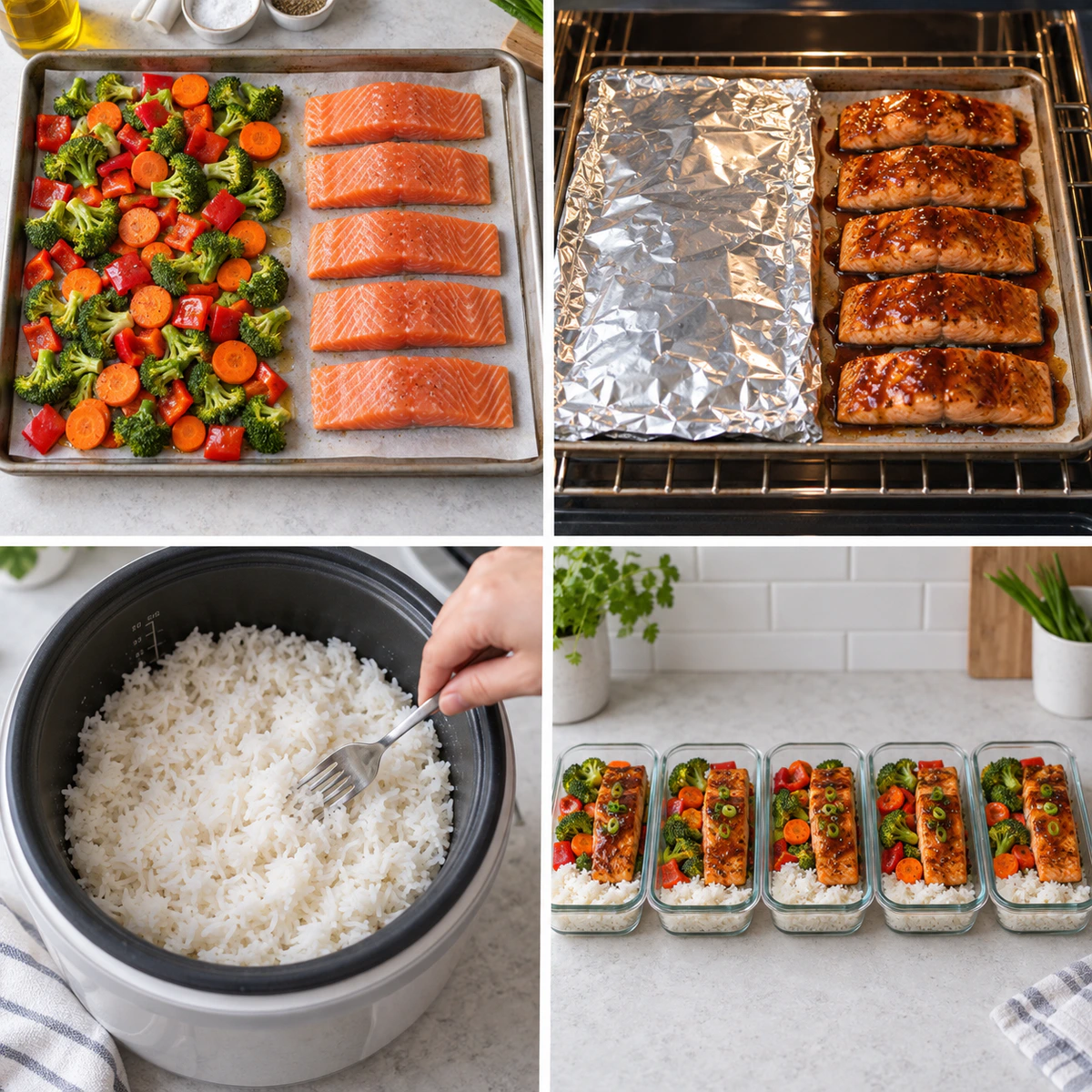 Four chronological preparation stages for Meal Prep Teriyaki Salmon Rice Bowls