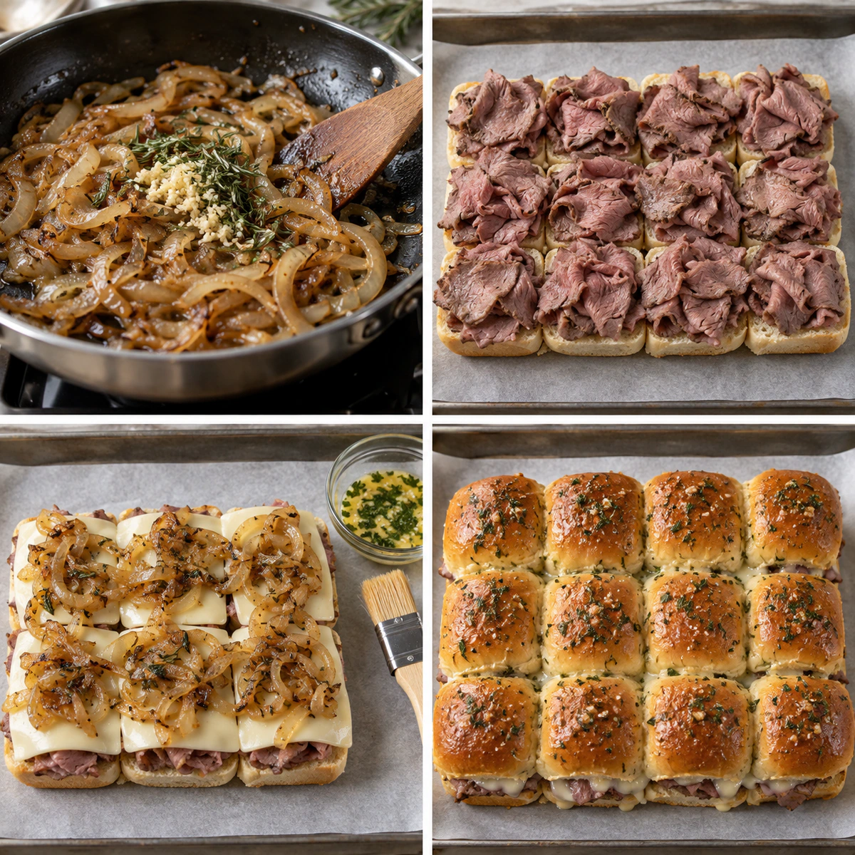 Four chronological preparation stages for Roast Beef Sliders