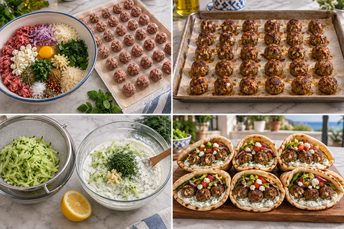 Four chronological preparation stages for Greek Meatball Pitas