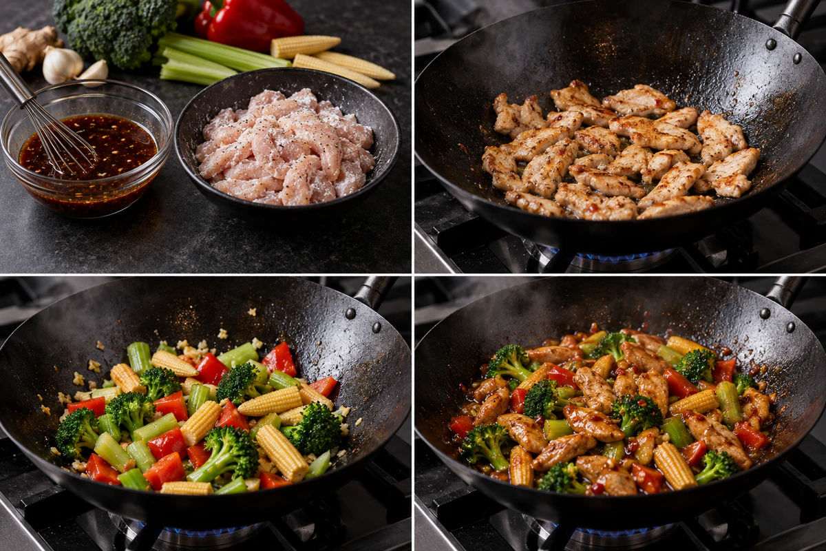 Four chronological preparation stages for Hunan Chicken