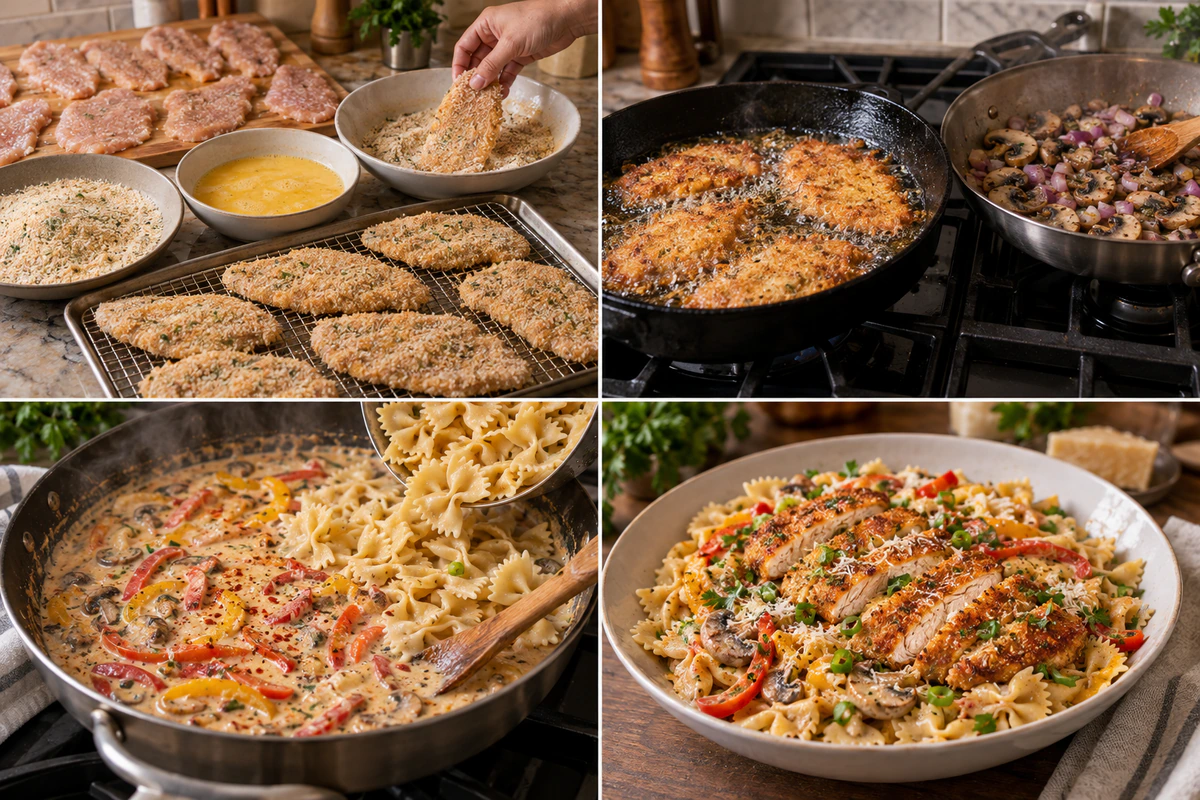 Four chronological preparation stages for Louisiana Chicken Pasta Cheesecake Factory Copycat Recipe