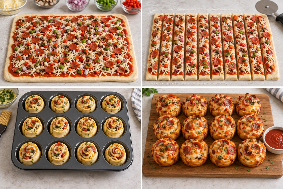 Four chronological preparation stages for Pizza Rolls