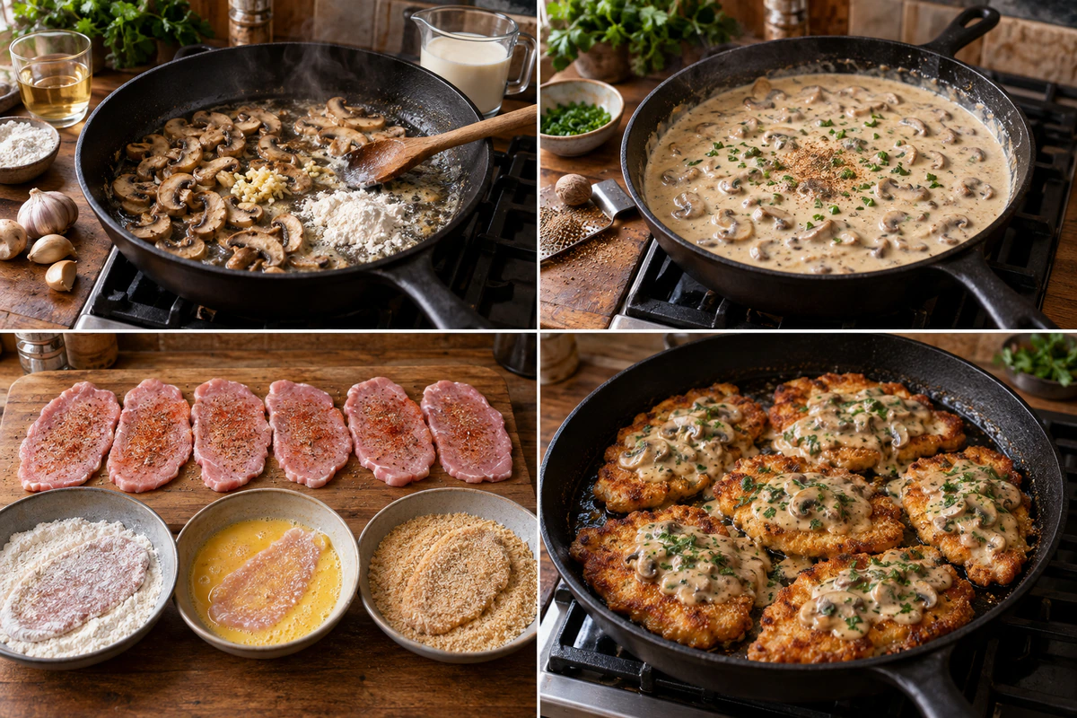Four chronological preparation stages for Rahmschnitzel Creamy Mushroom Schnitzel