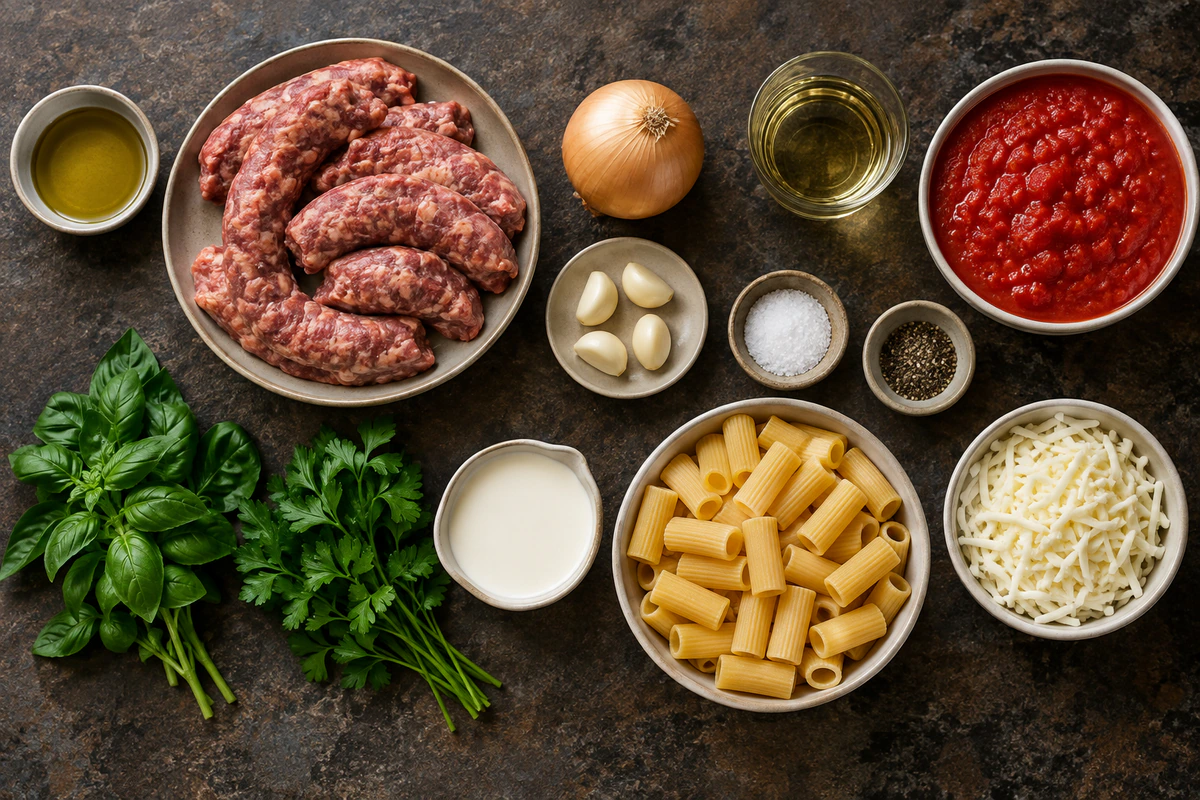Exact measured ingredients for Baked Rigatoni with Sausage