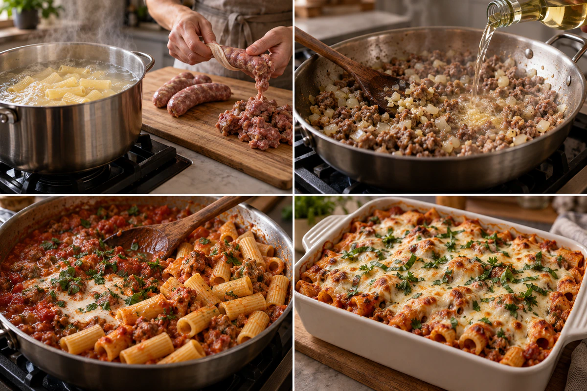 Four chronological preparation stages for Baked Rigatoni with Sausage