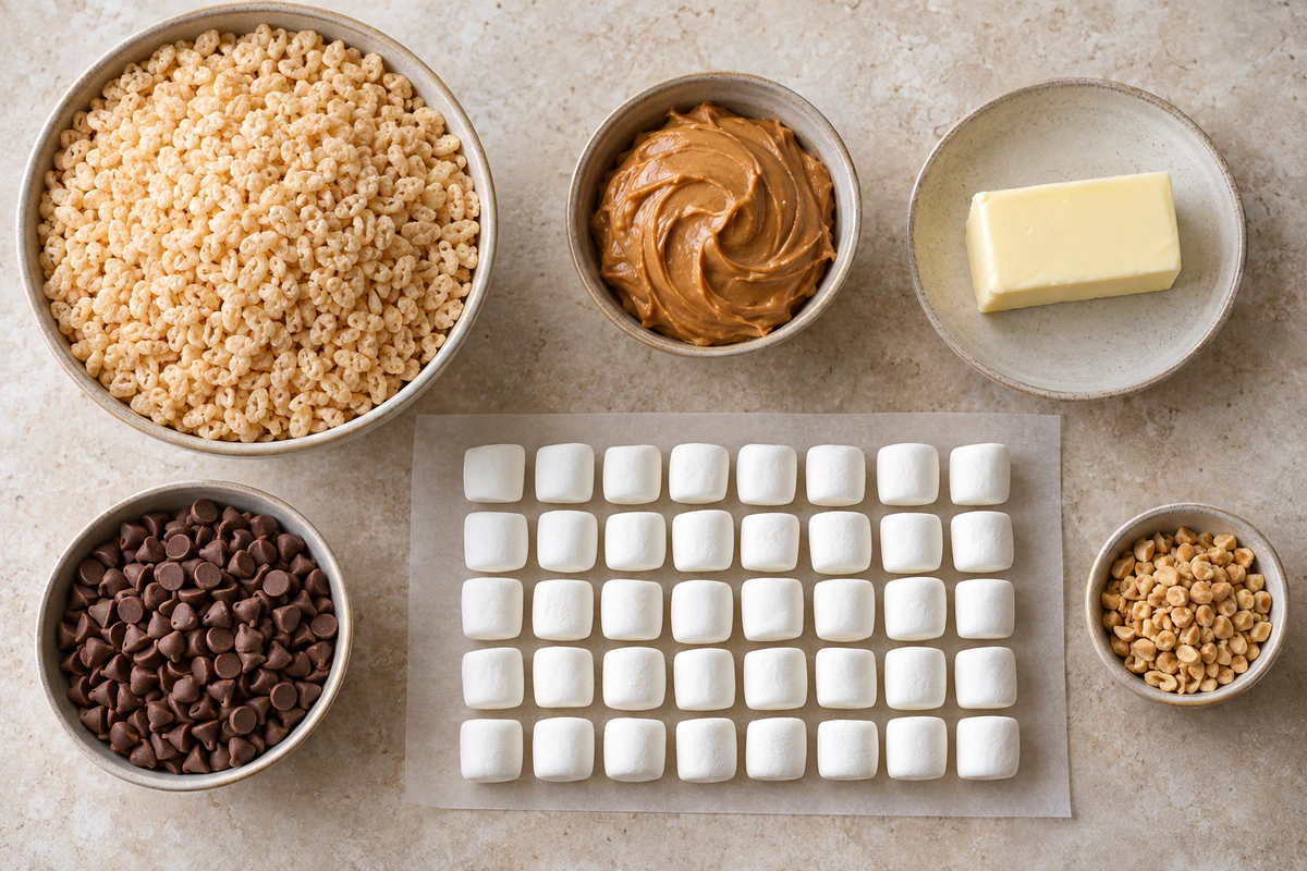 Exact measured ingredients for Chocolate Peanut Butter Rice Krispie Squares