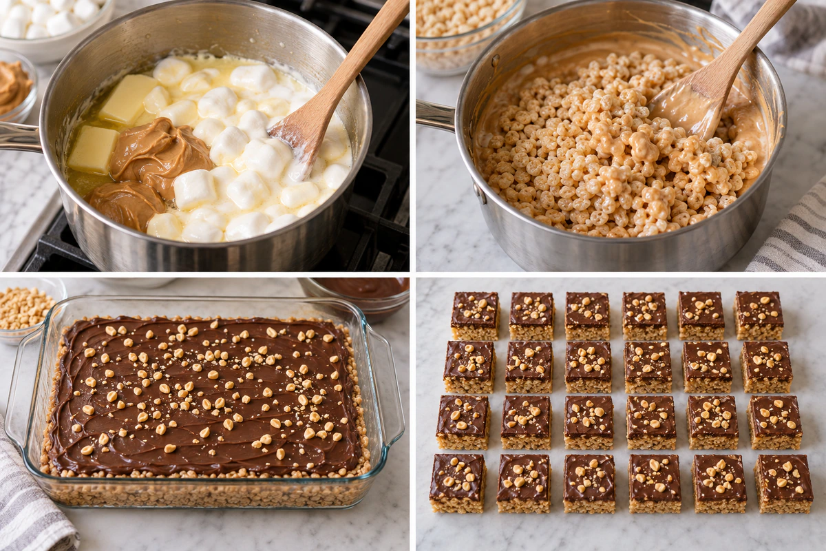 Four chronological preparation stages for Chocolate Peanut Butter Rice Krispie Squares