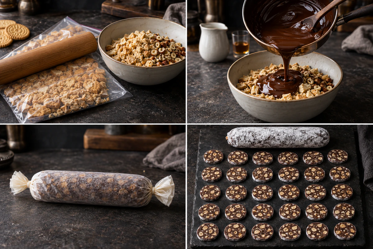 Four chronological preparation stages for Chocolate Salami