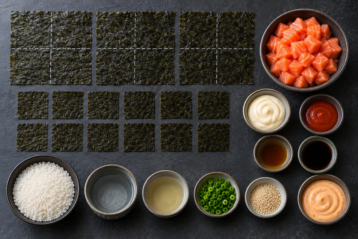 Exact measured ingredients for Spicy Salmon Sushi Cups