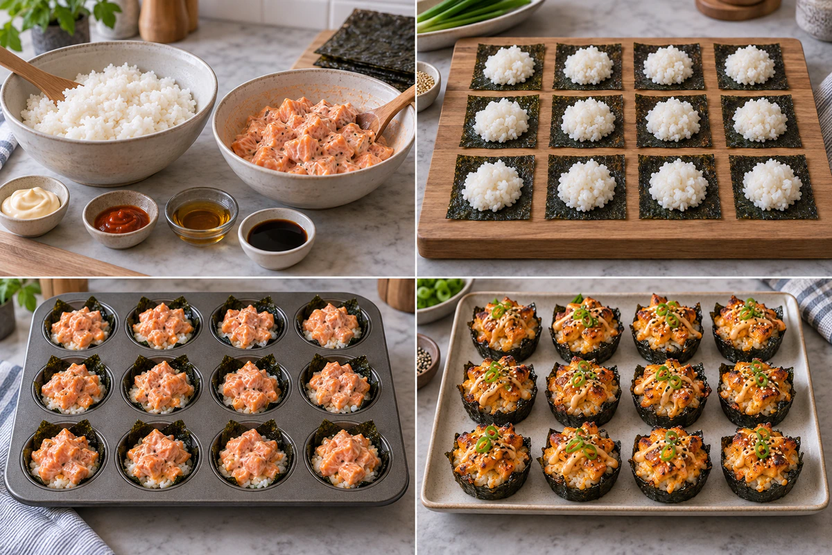 Four chronological preparation stages for Spicy Salmon Sushi Cups