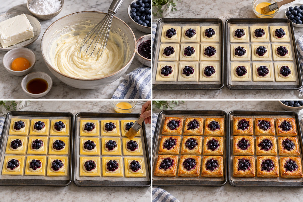 Four chronological preparation stages for Blueberry Cheese Danish