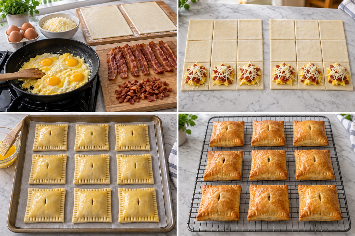 Four chronological preparation stages for Breakfast Pockets Bacon Egg