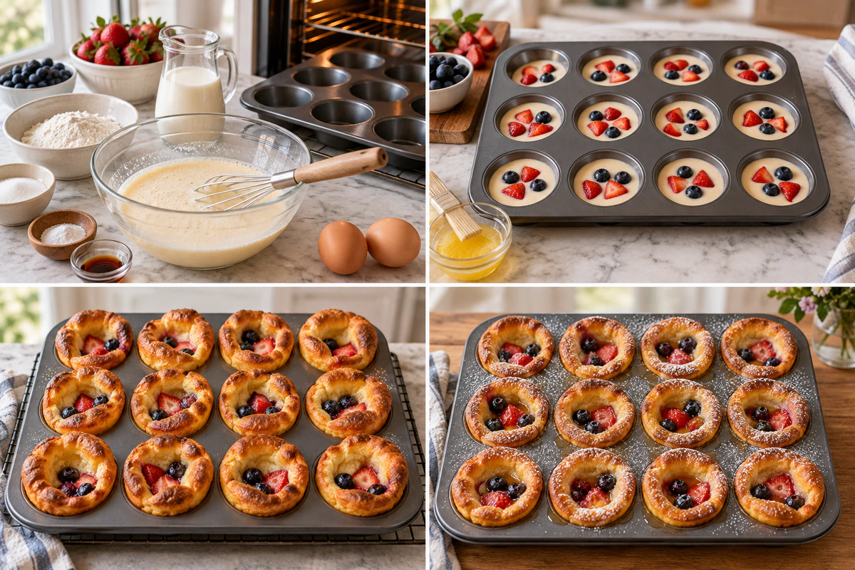 Four chronological preparation stages for Mini Berry Dutch Babies