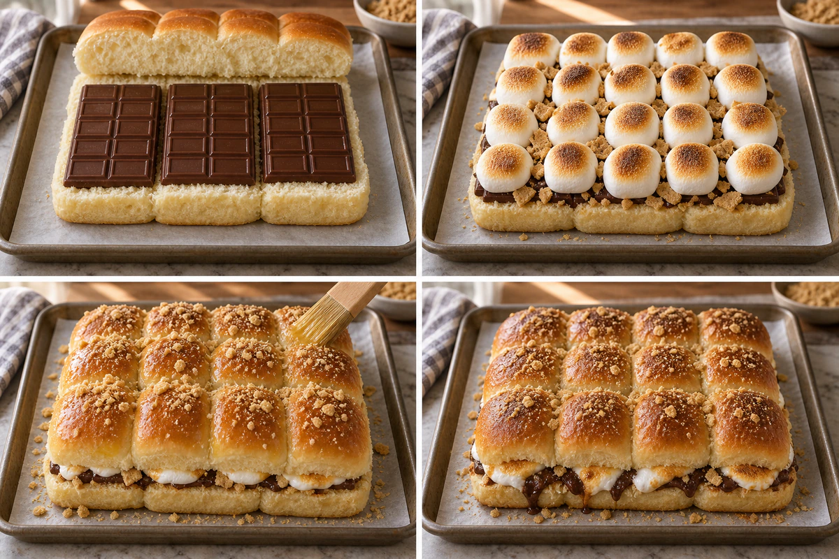 Four chronological preparation stages for S’mores Sliders